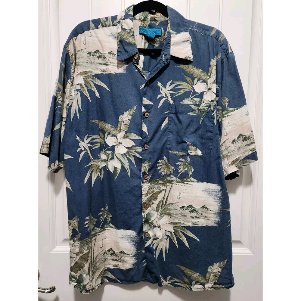 Paradise Blue Hawaiian Shirt Men's Size Large Floral & Landscape Print Turquoise